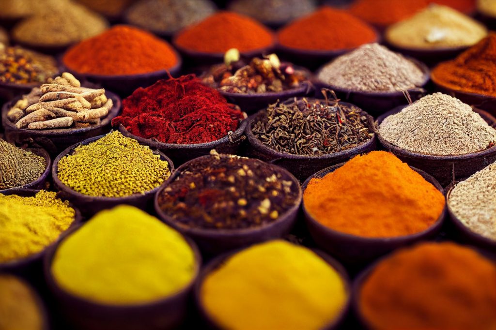 Piles of spices on display in Morocco, at a Medina souk, Marrakech, Incredible, vibrant colours