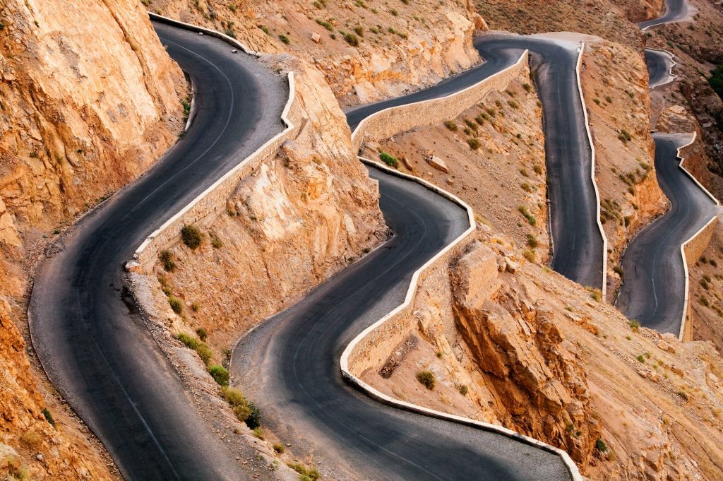 Very windy road up the rocky Atlas mountains from the Dades Valley, Morocco