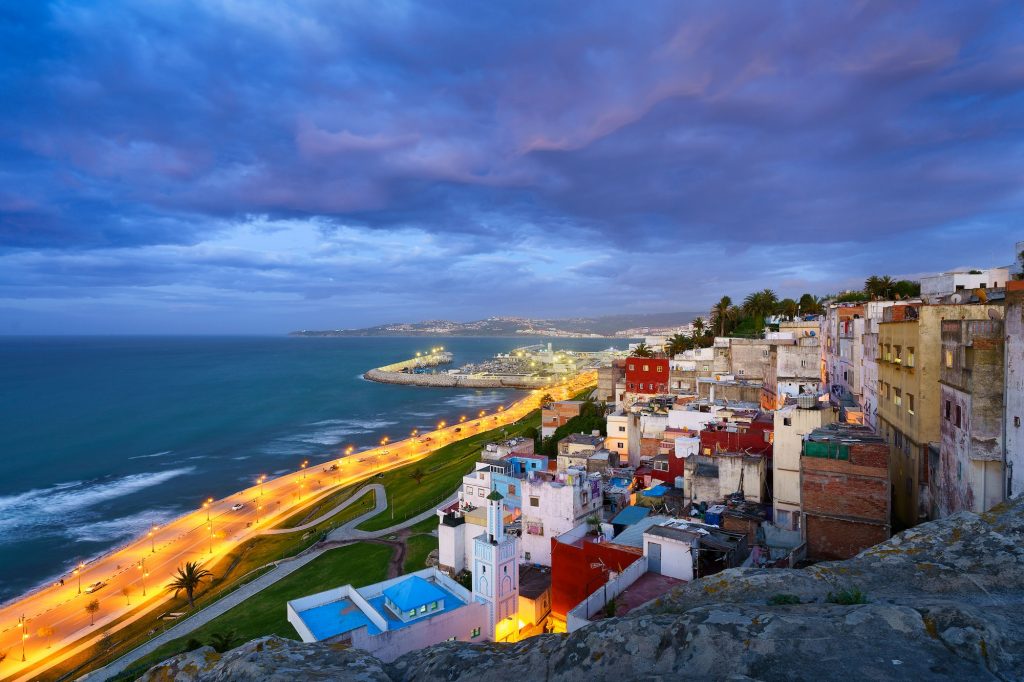Aerial view of cityscape Tangier surrounded by buildings and water
